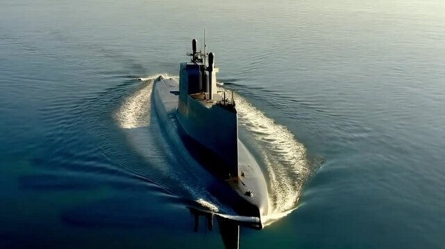 A large military submarine silently emerging from the depths of a calm ocean, creating waves and ripples in the otherwise serene water.
