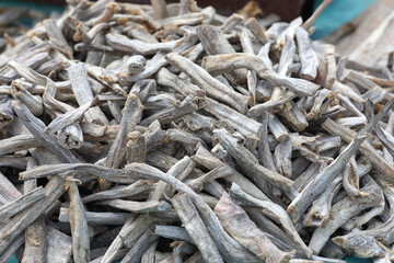 Pile of dried fish at street market in india