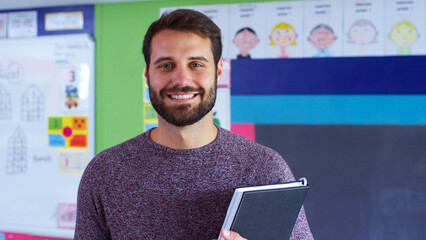 Portrait Of Male Elementary School Teacher Standing In Classroom Holding Folder