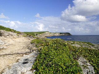 cliffs and coastline of Marie Galante near Caye Plate. Caribbean island of guadeloupe archipelago...