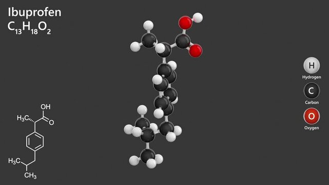 Molecule of Ibuprofen (C13H18O2), is a nonsteroidal anti-inflammatory drug (NSAID) used to relieve pain, reduce fever, and alleviate inflammation. Model: Ball and Stick. Gray background. 3D render