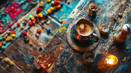 A beautifully arranged cup of coffee on a rustic table, surrounded by colorful decorations and warm lighting.