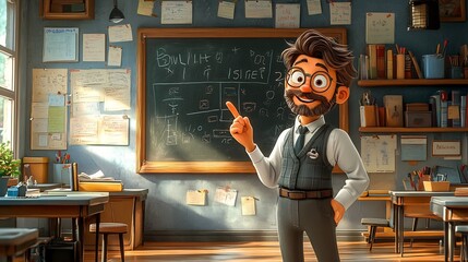 Lively cartoon depiction of a school teacher near a blackboard animatedly teaching a lesson with a pointer showcasing a bright classroom filled with educational posters and student desks
