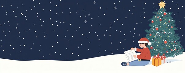 Festive Christmas scene with a person in a Santa hat reading near a decorated tree with gifts, surrounded by falling snow under a night sky.