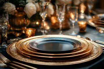 Obraz premium Elegant table setting featuring ornate golden plates, a blue dish, crystal glasses, and softly glowing candles, creating a warm and luxurious atmosphere.