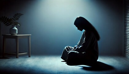 Melancholic Scene of a Woman Sitting in Solitude under a Blue Light