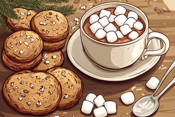 Illustration of hot chocolate with marshmallows and cookies on wooden table, perfect for cozy winter days and holiday treats.