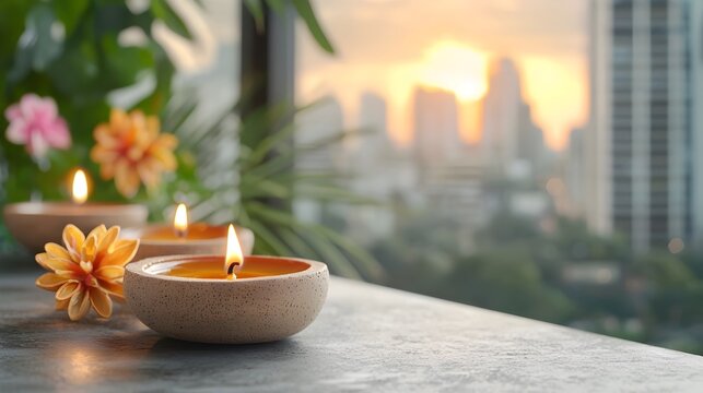 Glowing Diwali candles arranged in a row create a warm inviting atmosphere in a cozy home interior celebrating the Hindu festival of lights