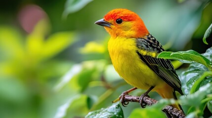 Vibrant Orange and Yellow Bird in Lush Greenery