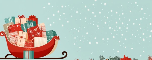 Festive sleigh filled with colorful presents under a snowy sky, capturing the spirit of a joyful holiday season.