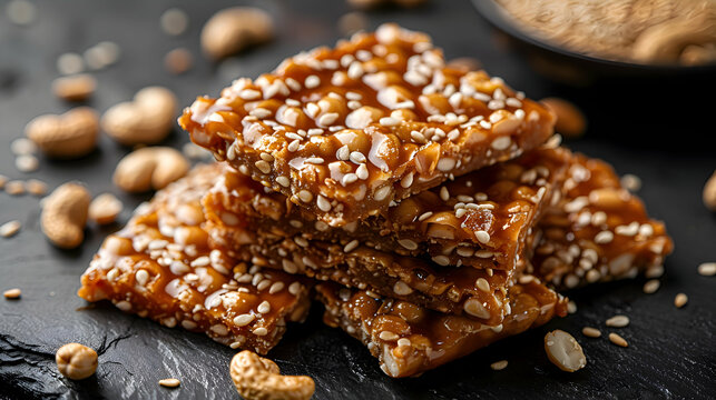 A plate of peanut chikki with a sprinkle of sesame seeds