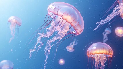 Fototapeta premium A group of jellyfish are floating in the ocean