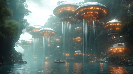 Fototapeta premium Futuristic city built in a lush jungle with a river flowing through the middle. There are many flying saucer shaped buildings with glowing lights.