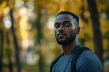 Obraz premium Black sports guy is training with a blurred background in the park, modern technology and an active lifestyle, Generative AI