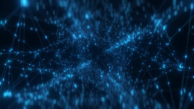 Abstract blue digital network of glowing nodes and lines, representing data transmission, communication, and technology connections in a futuristic background.
