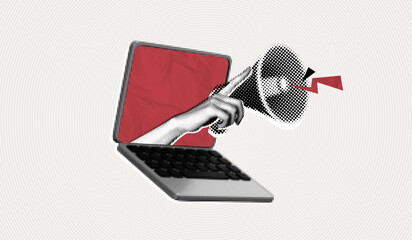 Trendy Halftone Collage Hand holds megaphone from laptop screen. Social media news and propaganda. Online business marketing concept. Speaker with important message. Contemporary vector illustration