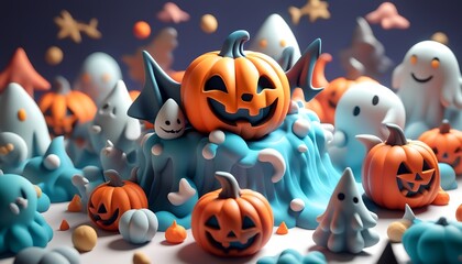 Obraz premium Collection of pumpkins and ghosts in 3D clay style