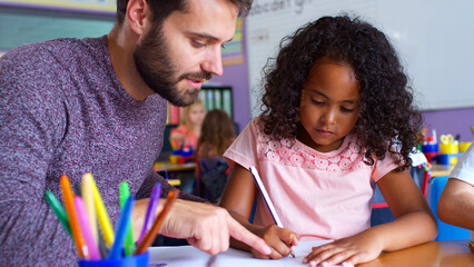 Male Elementary School Teacher Giving Female Pupil One To One Support In Classroom 