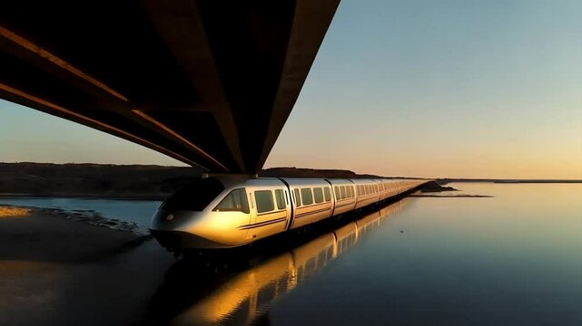 A futuristic monorail crossing a long, desolate bridge over a wide waterway at sunrise, with reflections of the train in the still water below.
