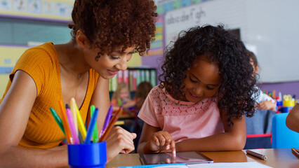 Elementary School Teacher And Female Pupil Drawing Using Digital Tablet In Classroom 