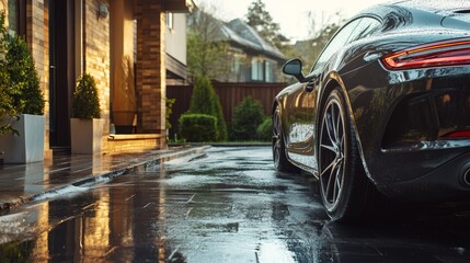 Residential Driveway with a Mobile Car Detailer Meticulously Cleaning a Luxury Vehicle