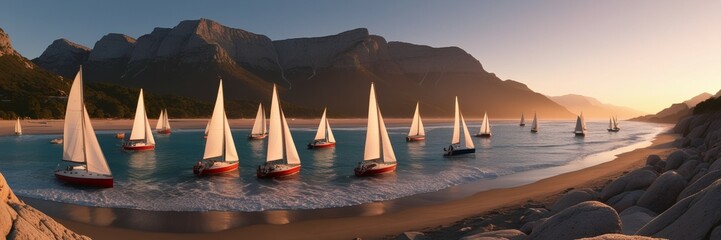 Group of boats in the water next to mountains