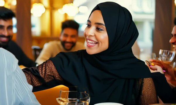 Syrian Woman Splitting the Bill with Friends at Restaurant