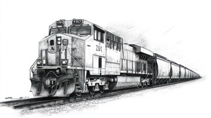 A grayscale pencil sketch of a freight train, with multiple boxcars, moving along a railroad track.