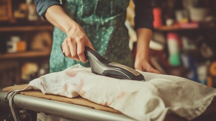 Person using a handheld steamer on fabric in a cozy workshop.