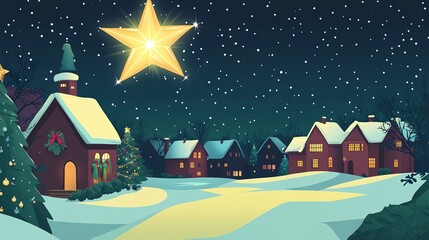 Naklejka premium Charming winter village scene with snow-covered houses, festive decorations, and a bright star illuminating the night sky.