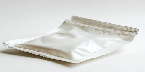White Plastic Pouch Mockup for Ads on White Background – Opened Flexible Packaging for Branding, Product Presentation, and Advertisement Design