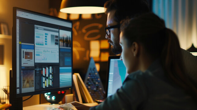 Collaborative app design session under warm night lighting, professionals working side by side on digital interface mockup with tech products in background.