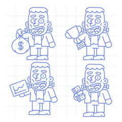 Set doodle character monster holding various objects part three