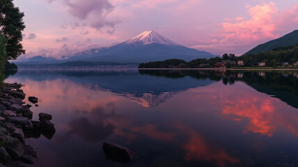 河口湖から望む朝焼けの富士山