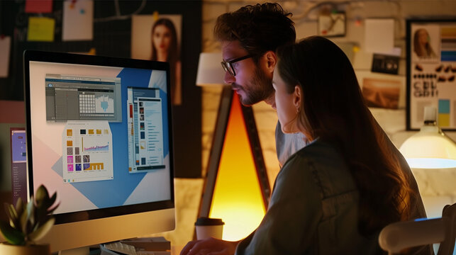 Collaborative app design session under warm night lighting, professionals working side by side on digital interface mockup with tech products in background.