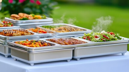 A buffet table with steaming dishes offers a variety of colorful and appetizing foods, AI