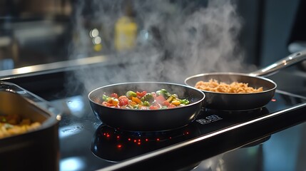 Fototapeta premium Two pans with colorful vegetables and noodles cooking on a modern stovetop with steam.
