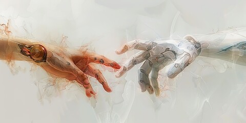 Human hand reaching out to robot hand, symbolizing connection