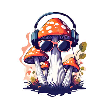recommend clip art: Illustration of Mushrooms with headphones and sunglasses on white background.