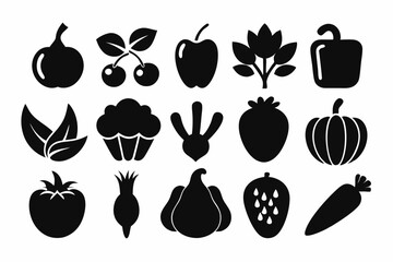 Set of simple black vector icons, and vegetable silhouettes on a white background. vegetable food silhouette vector illustration