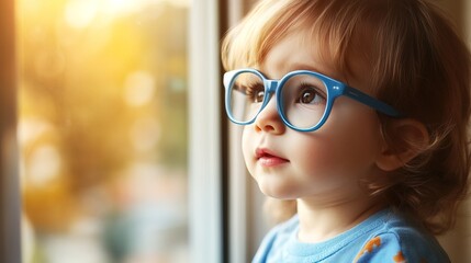 Young child wearing blue glasses focusing on distant tree outside window, symbolizing myopia prevention and importance of outdoor activities.