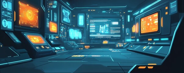 Obraz premium Futuristic control room with glowing digital screens and high-tech consoles, showcasing advanced technology in a modern digital environment.