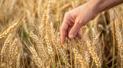 A close-up image of a human hand gently brushing against the golden stalks of wheat in an agricultural field. 
