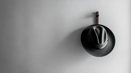 Black fedora hat hanging on wall hook in minimalist setting