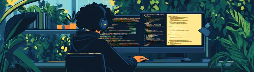 Person coding at a computer in a lush green workspace, wearing headphones, focused on the screen displaying code.