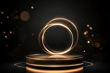 Obraz premium 3D rendering product display stand with orange neon light on dark background.
