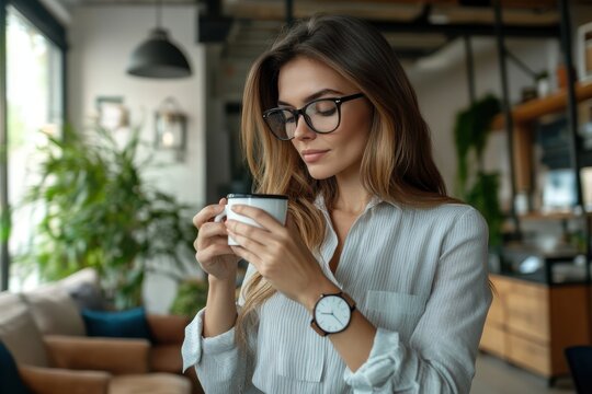 Professional woman in glasses enjoys coffee in a modern cafe setting