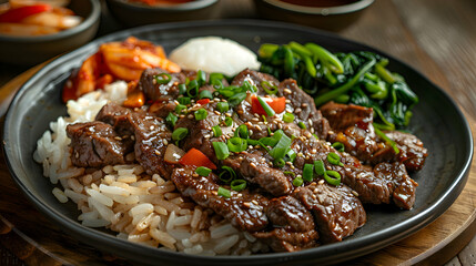 Fototapeta premium A plate of sizzling beef bulgogi with steamed rice and vegetables