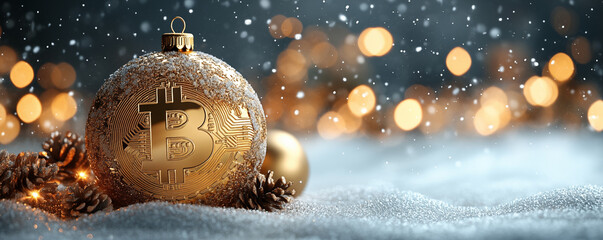 Christmas bauble with bitcoin symbol in snowy winter scenery. Banner with copyspace. shallow depth of field.