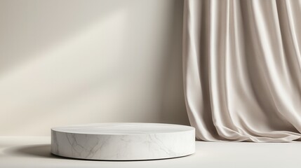 A minimalist interior scene featuring a round marble pedestal and a soft flowing curtain against a neutral wall